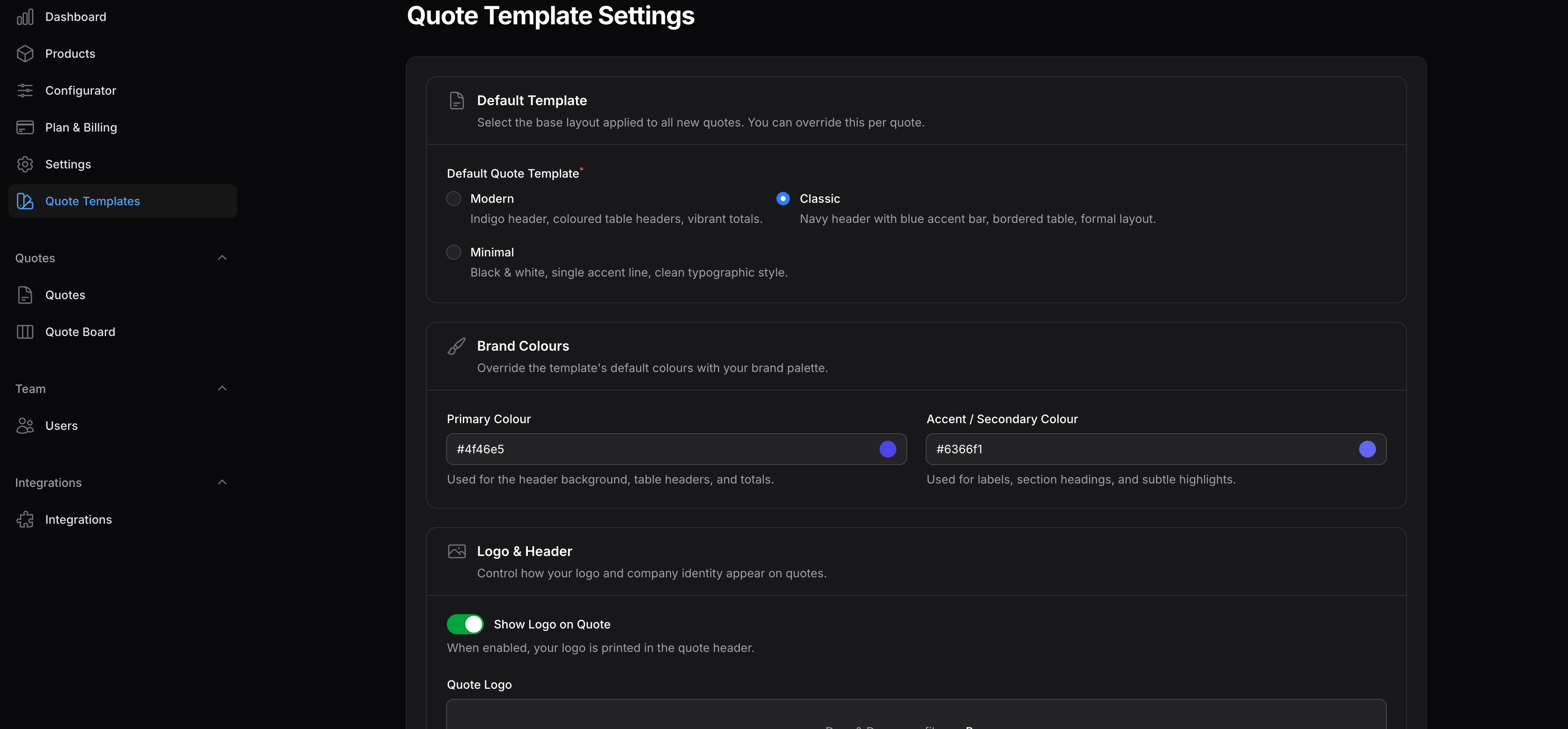 Quote template settings