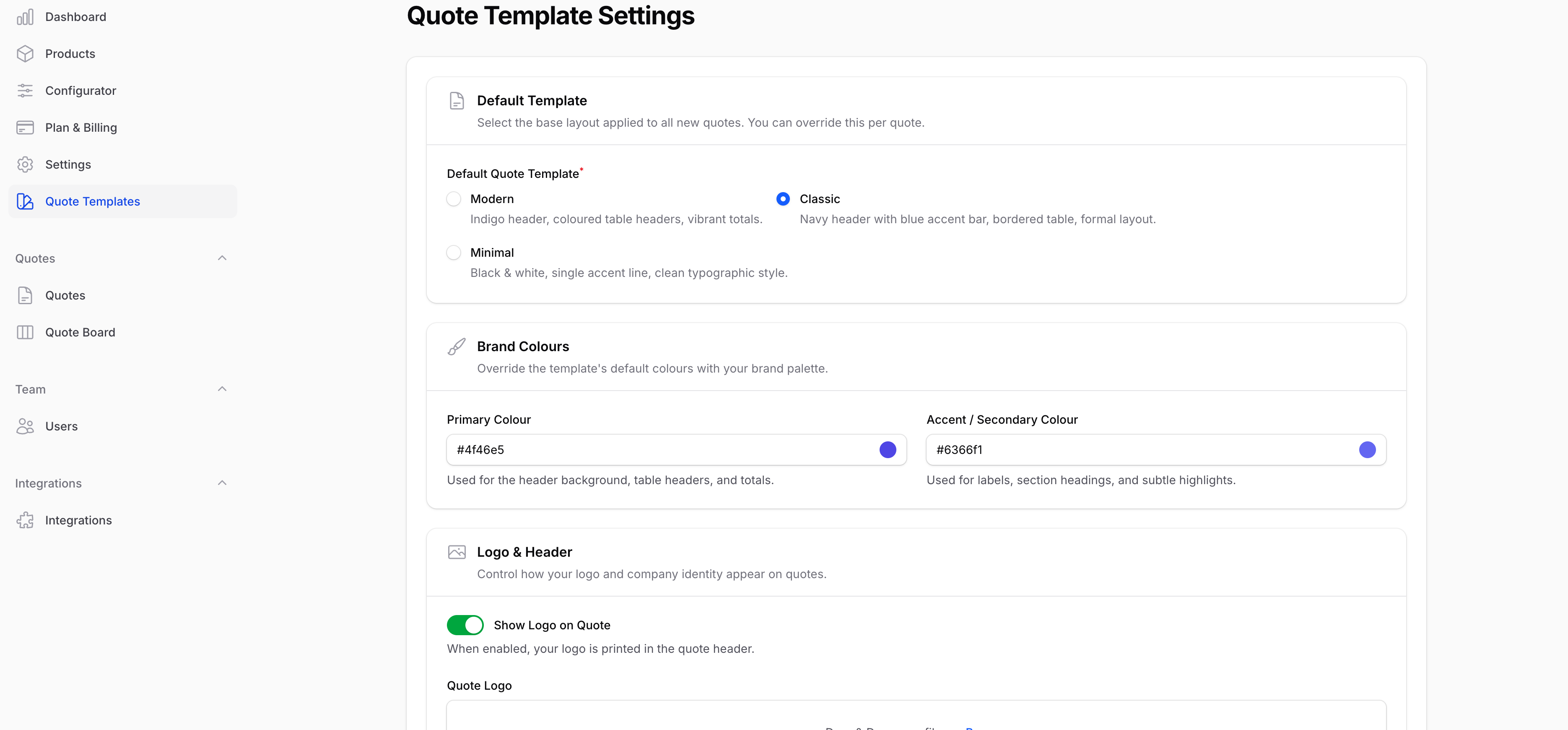 Quote template settings