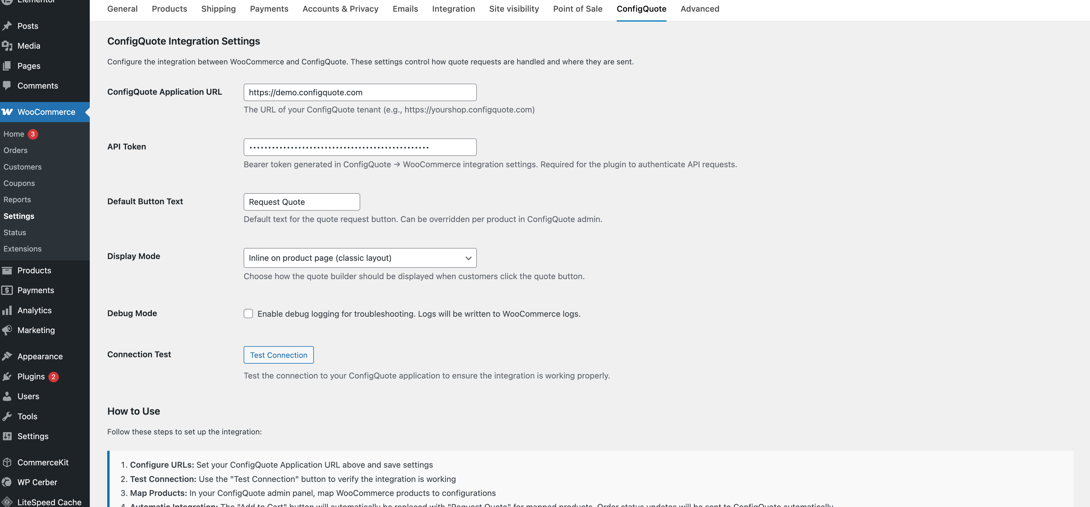 WooCommerce plugin settings